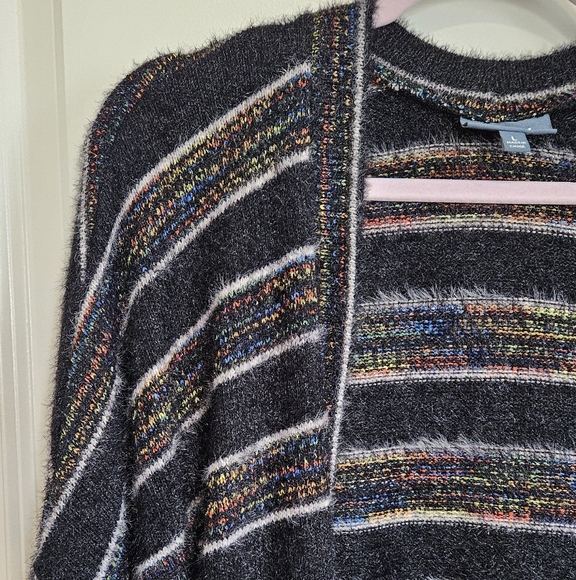 Modcloth Color and Character Fuzzy Cardigan Black and Rainbow Striped Large - Picture 3 of 9